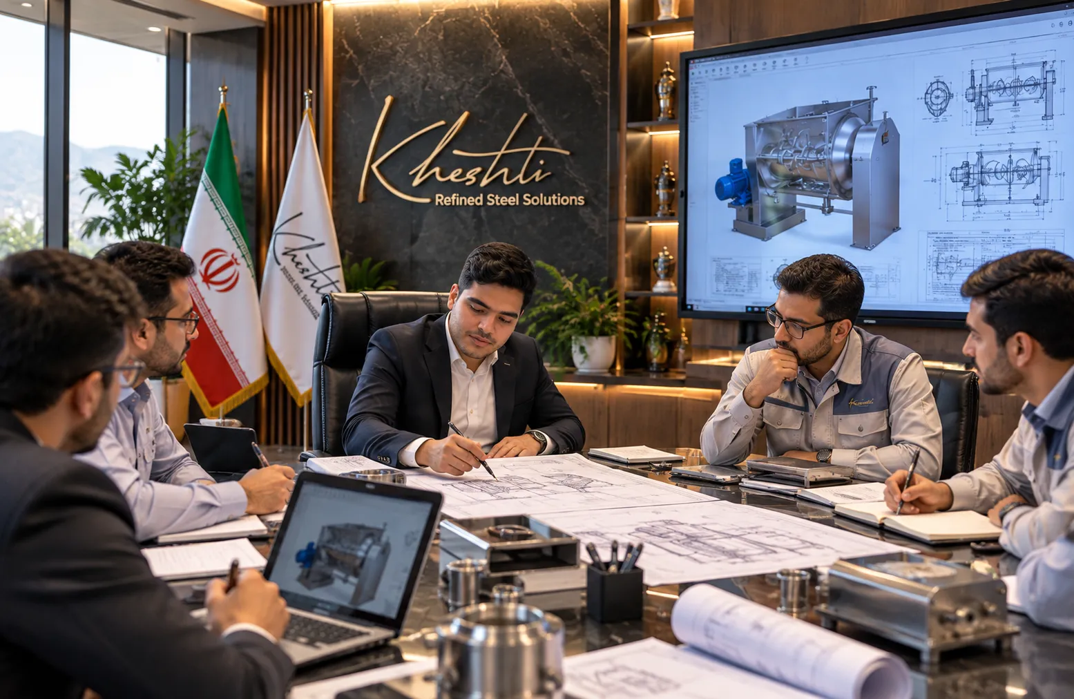 جلسه مدیرعامل و تیم فنی خشتی روی نقشه‌های مهندسی بلندر صنعتی